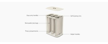 Joseph Joseph Tota Trio 90L Wäschesortierkorb mit Deckel, 3 herausnehmbare Säcke, Ecru Beige