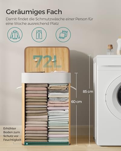 SONGMICS Wäschekorb 72L Bambus mit Deckel, faltbar, herausnehmbarer Wäschesack, platzsparend
