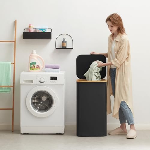Lifewit 150L Wäschekorb faltbar mit Deckel, Bambus-Griffe, herausnehmbarer Wäschesack, Schwarz