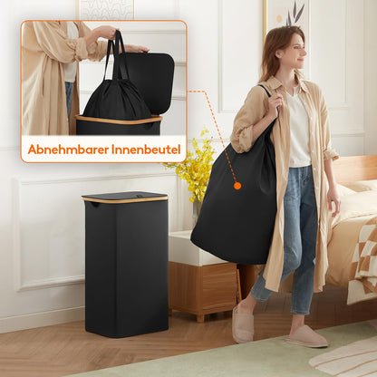 Lifewit 150L Wäschekorb faltbar mit Deckel, Bambus-Griffe, herausnehmbarer Wäschesack, Schwarz