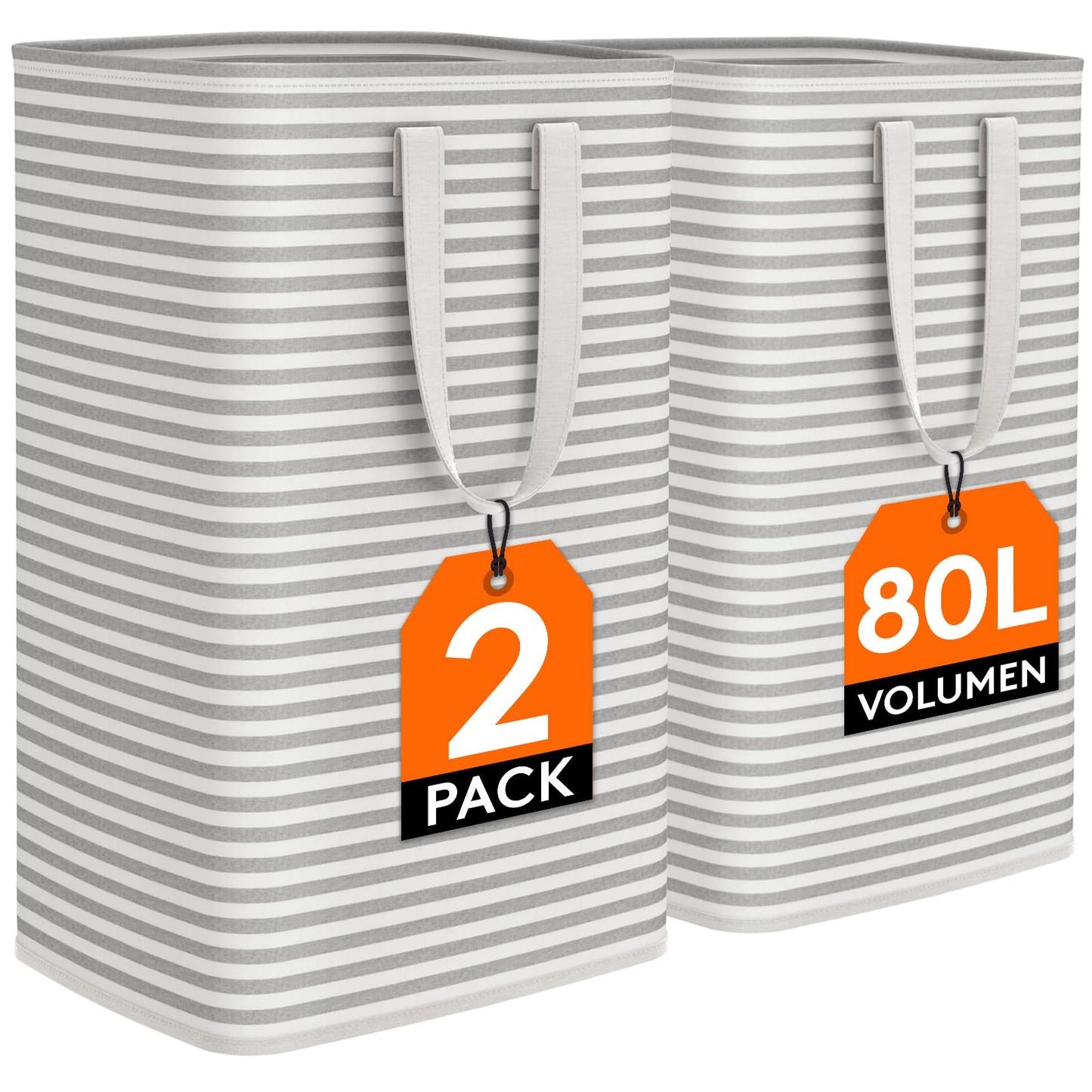 Lifewit 2er Set 80L Wäschekorb – Faltbare Wäschebox mit Griffen, großer Wäschesammler, Grau