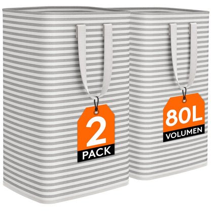 Lifewit 2er Set 80L Wäschekorb – Faltbare Wäschebox mit Griffen, großer Wäschesammler, Grau