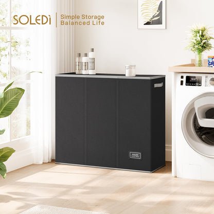 SOLEDI 180L Wäschesortierer 3 Fächer mit Deckel, faltbarer Wäschesammler XXL, Bambus-Design schwarz