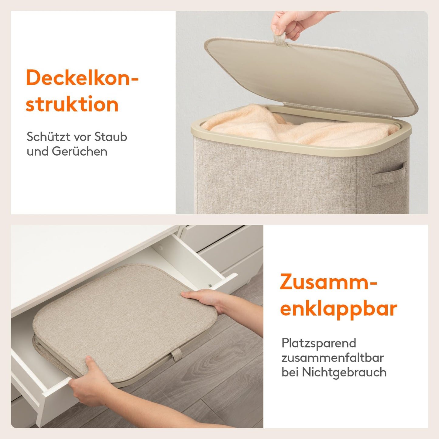 Lifewit 105L Wäschekorb mit Deckel – Faltbar, großer Wäschesammler mit Kunststoffrahmen, Beige