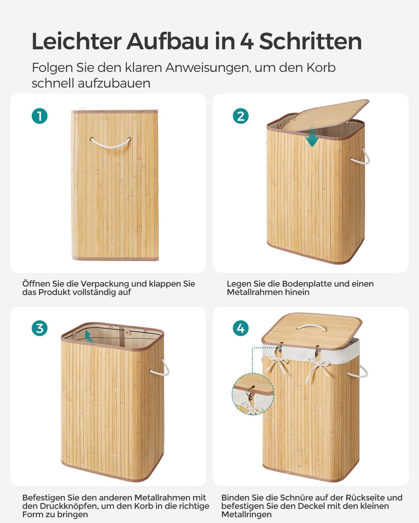 SONGMICS Wäschekorb 72L Bambus mit Deckel, faltbar, herausnehmbarer Wäschesack, platzsparend