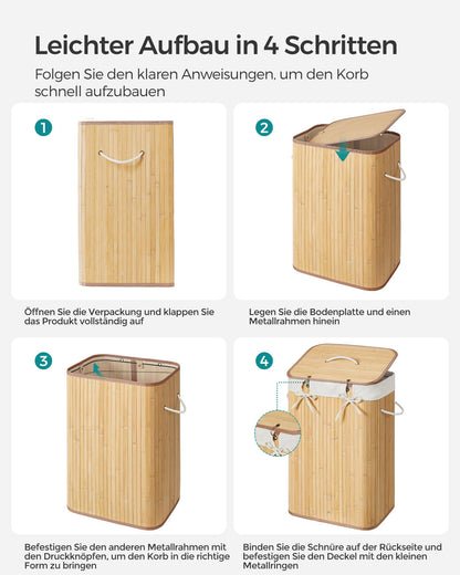 SONGMICS Wäschekorb 72L Bambus mit Deckel, faltbar, herausnehmbarer Wäschesack, platzsparend