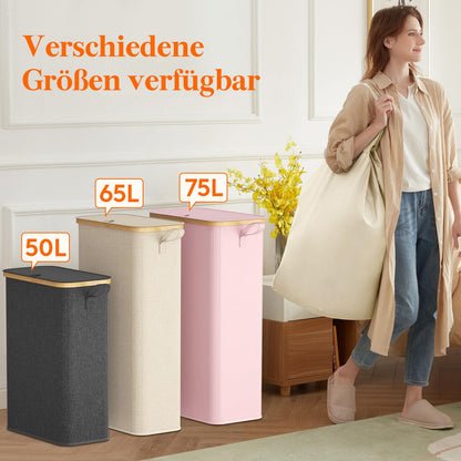 Lifewit 65L Wäschekorb Schmal mit Deckel & Wäschesack, Bambus Faltbar, 41x22x72cm