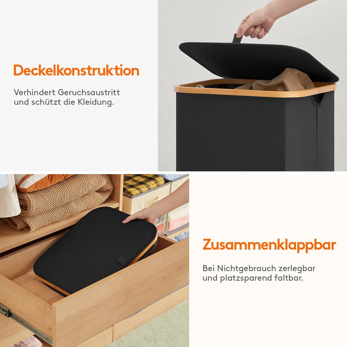 Lifewit 150L Wäschekorb faltbar mit Deckel, Bambus-Griffe, herausnehmbarer Wäschesack, Schwarz