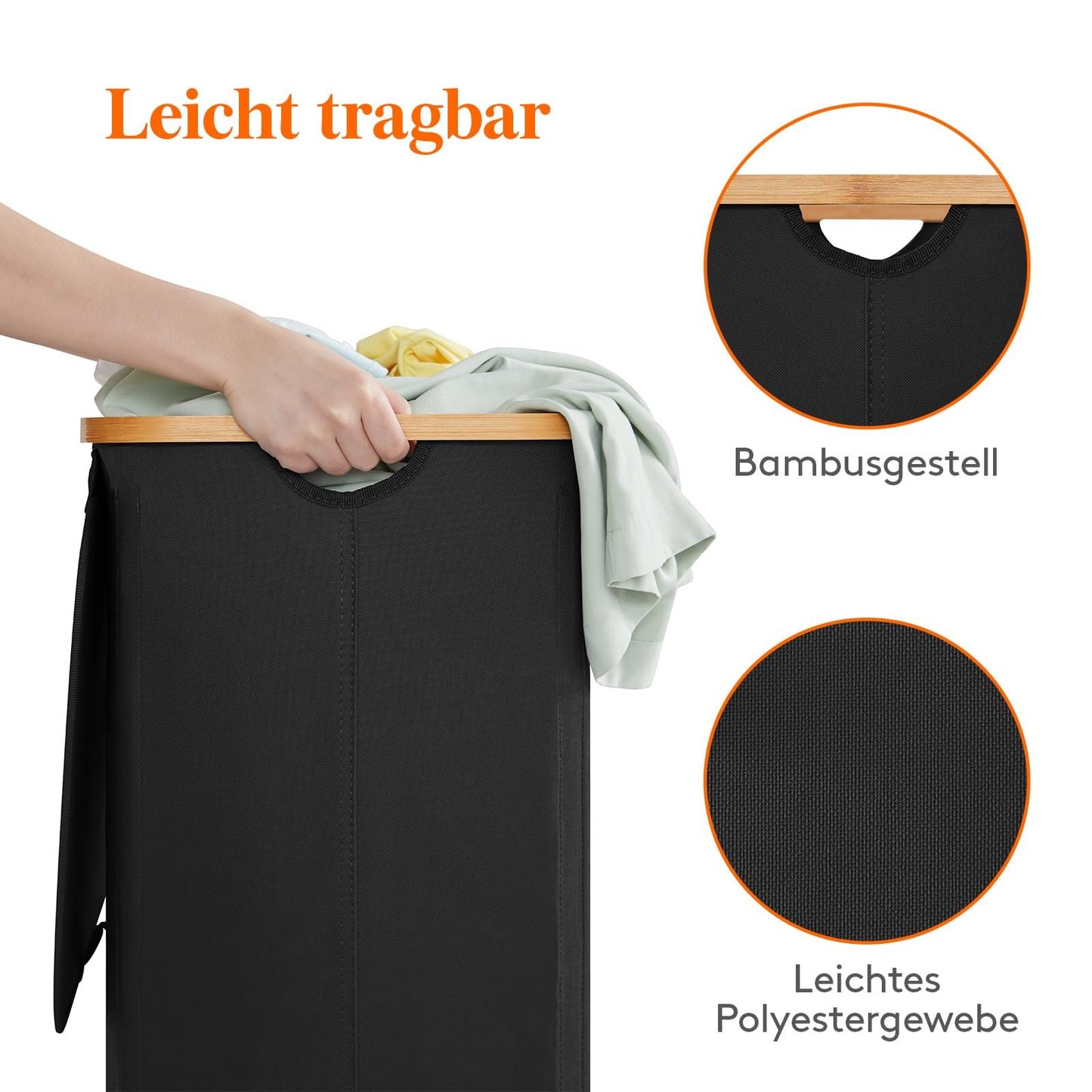Lifewit 150L Wäschekorb faltbar mit Deckel, Bambus-Griffe, herausnehmbarer Wäschesack, Schwarz