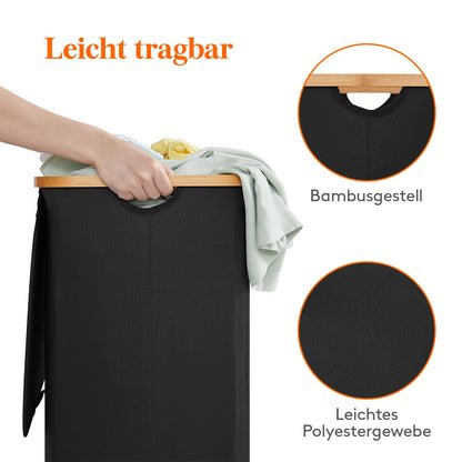 Lifewit 150L Wäschekorb faltbar mit Deckel, Bambus-Griffe, herausnehmbarer Wäschesack, Schwarz