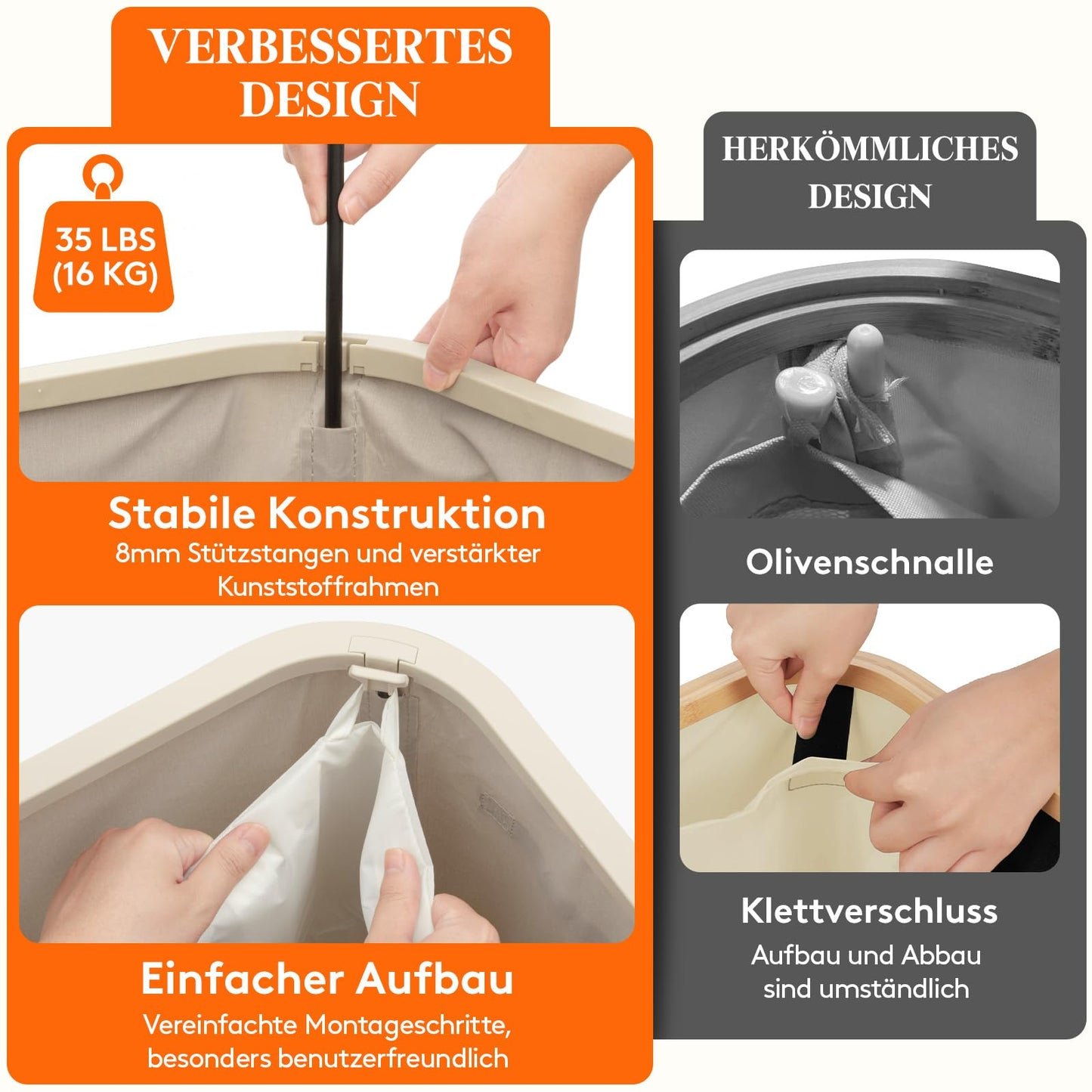 Lifewit 105L Wäschekorb mit Deckel – Faltbar, großer Wäschesammler mit Kunststoffrahmen, Beige