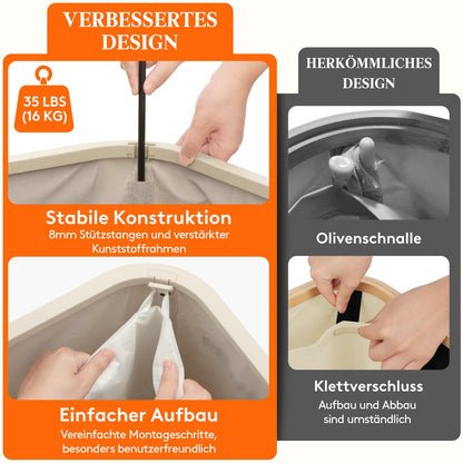 Lifewit 105L Wäschekorb mit Deckel – Faltbar, großer Wäschesammler mit Kunststoffrahmen, Beige
