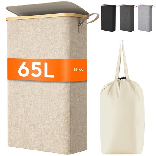 Lifewit 65L Wäschekorb Schmal mit Deckel & Wäschesack, Bambus Faltbar, 41x22x72cm