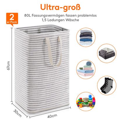 Lifewit 2er Set 80L Wäschekorb – Faltbare Wäschebox mit Griffen, großer Wäschesammler, Grau