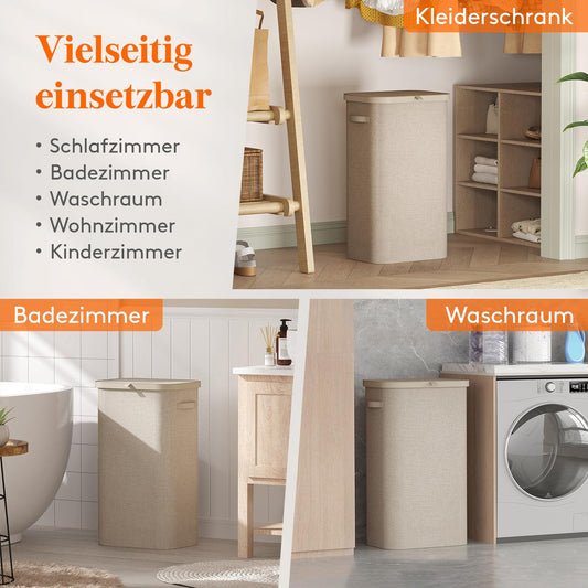 Lifewit 105L Wäschekorb mit Deckel – Faltbar, großer Wäschesammler mit Kunststoffrahmen, Beige