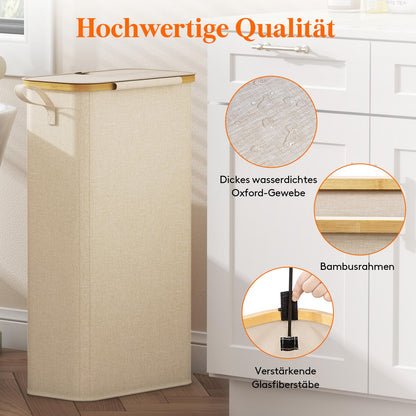 Lifewit 65L Wäschekorb Schmal mit Deckel & Wäschesack, Bambus Faltbar, 41x22x72cm