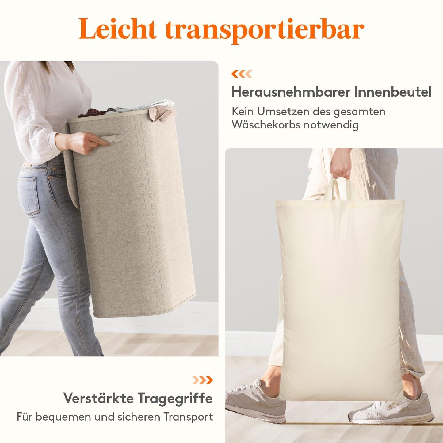 Lifewit 105L Wäschekorb mit Deckel – Faltbar, großer Wäschesammler mit Kunststoffrahmen, Beige