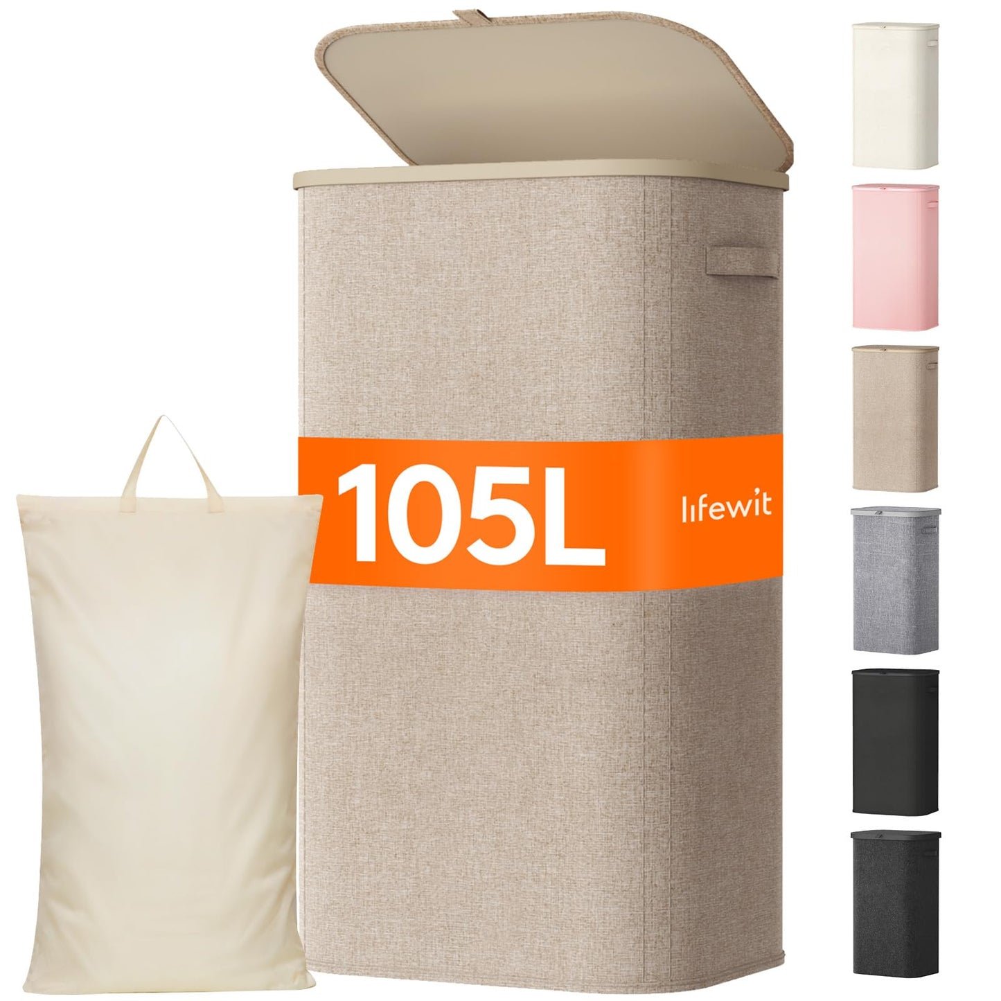 Lifewit 105L Wäschekorb mit Deckel – Faltbar, großer Wäschesammler mit Kunststoffrahmen, Beige
