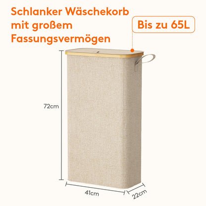 Lifewit 65L Wäschekorb Schmal mit Deckel & Wäschesack, Bambus Faltbar, 41x22x72cm