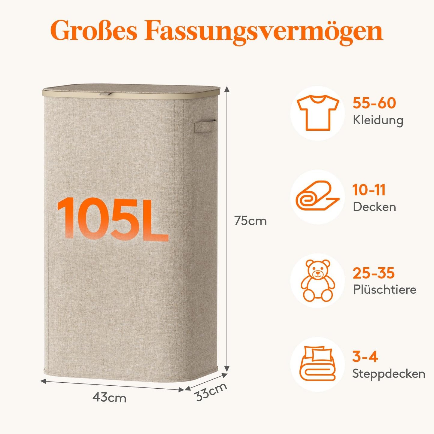 Lifewit 105L Wäschekorb mit Deckel – Faltbar, großer Wäschesammler mit Kunststoffrahmen, Beige