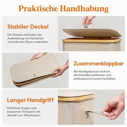 Lifewit 65L Wäschekorb Schmal mit Deckel & Wäschesack, Bambus Faltbar, 41x22x72cm