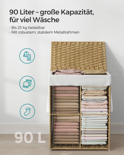 SONGMICS Wäschekorb 90L mit Deckel, faltbar, synthetisches Rattan, herausnehmbarer Wäschesack, Pastellgelb