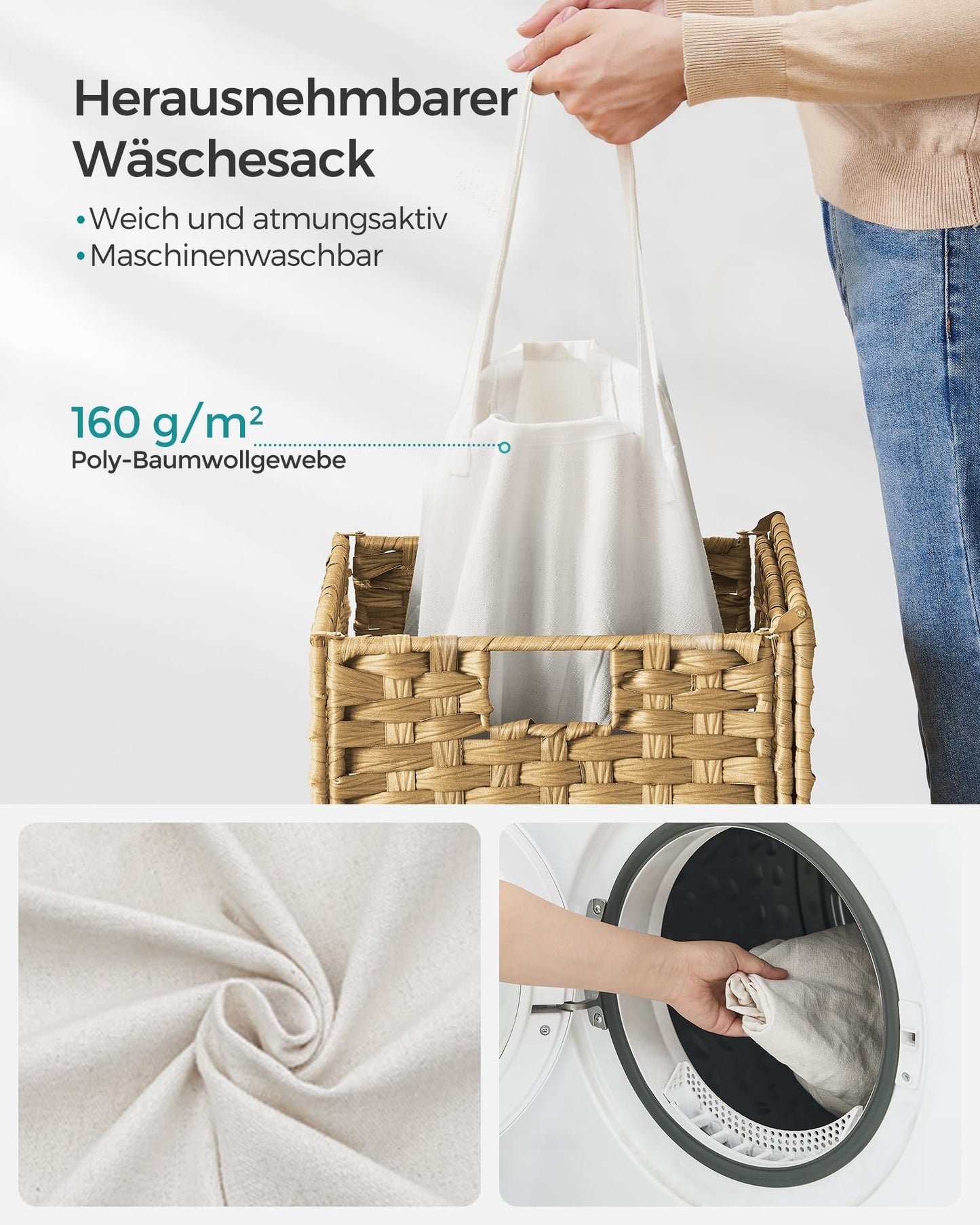 SONGMICS Wäschekorb 90L mit Deckel, faltbar, synthetisches Rattan, herausnehmbarer Wäschesack, Pastellgelb