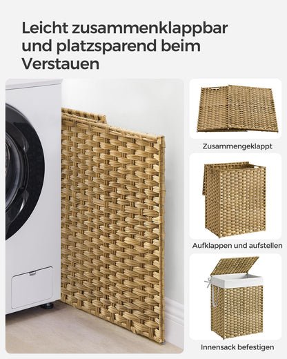 SONGMICS Wäschekorb 90L mit Deckel, faltbar, synthetisches Rattan, herausnehmbarer Wäschesack, Pastellgelb