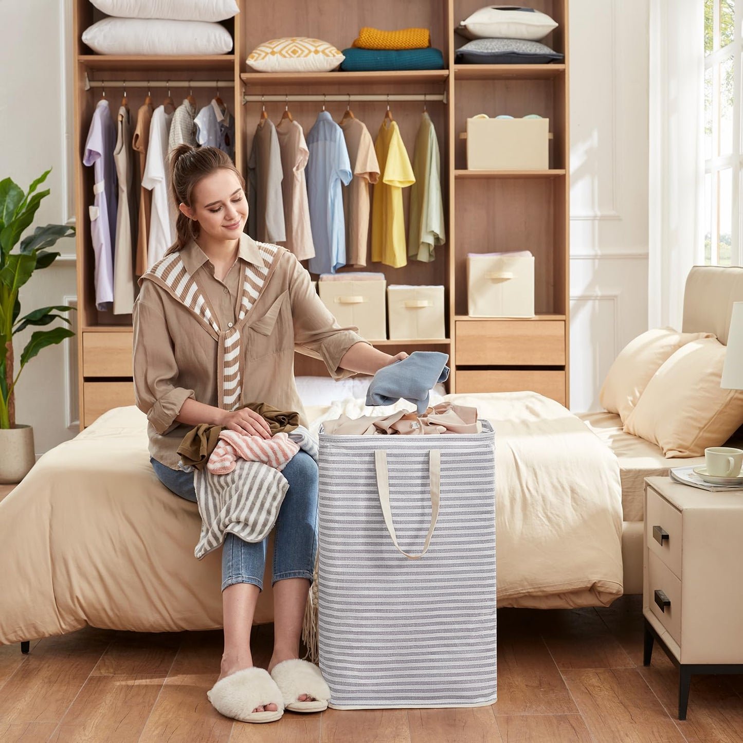 Lifewit 2er Set 80L Wäschekorb – Faltbare Wäschebox mit Griffen, großer Wäschesammler, Grau