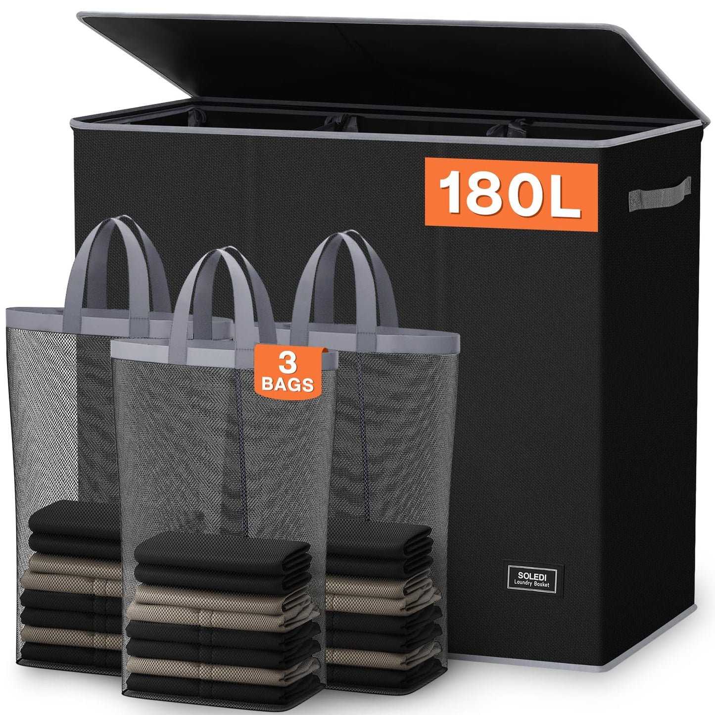 SOLEDI 180L Wäschesortierer 3 Fächer mit Deckel, faltbarer Wäschesammler XXL, Bambus-Design schwarz