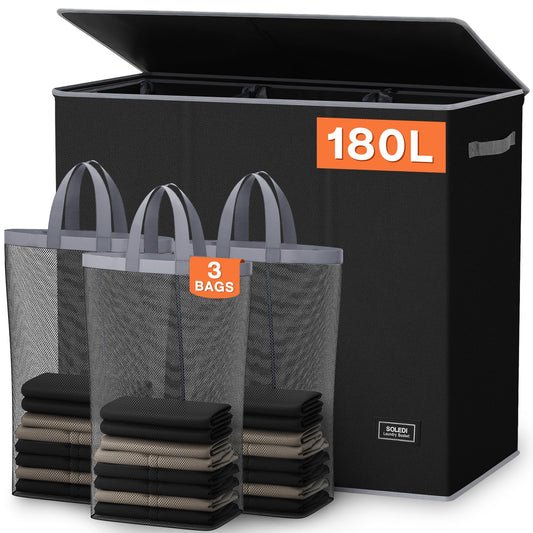 SOLEDI 180L Wäschesortierer 3 Fächer mit Deckel, faltbarer Wäschesammler XXL, Bambus-Design schwarz
